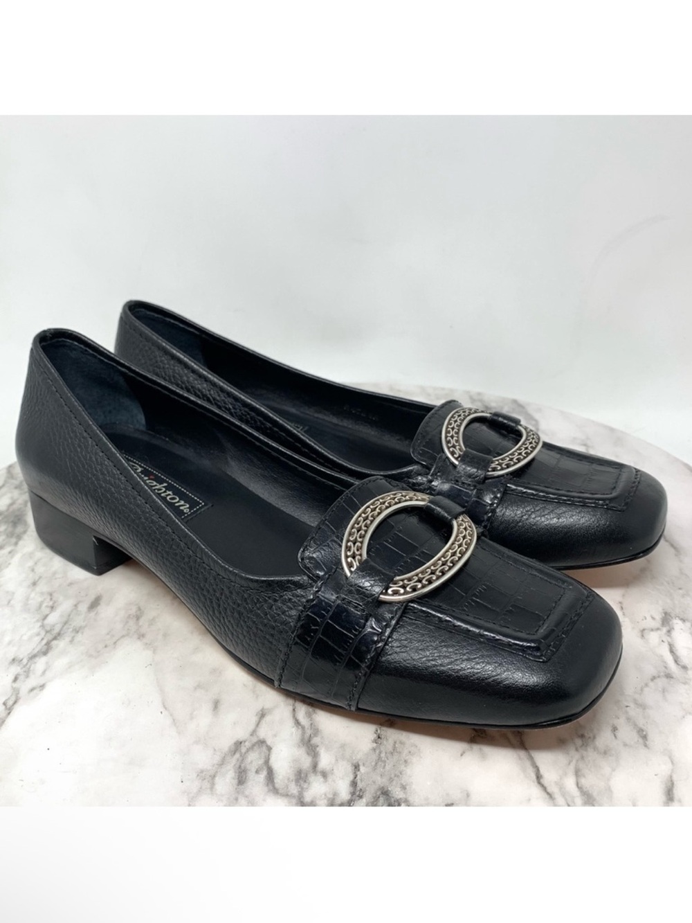 Brighton Keats Hardware Detail Square Toe Black Leather Loafers 8 Classic Preppy